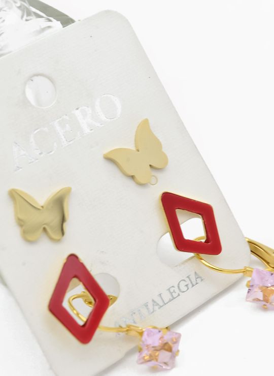 SET DE ARETES X 3 CRISTALES SURTIDO/ACERO INOXIDABLE