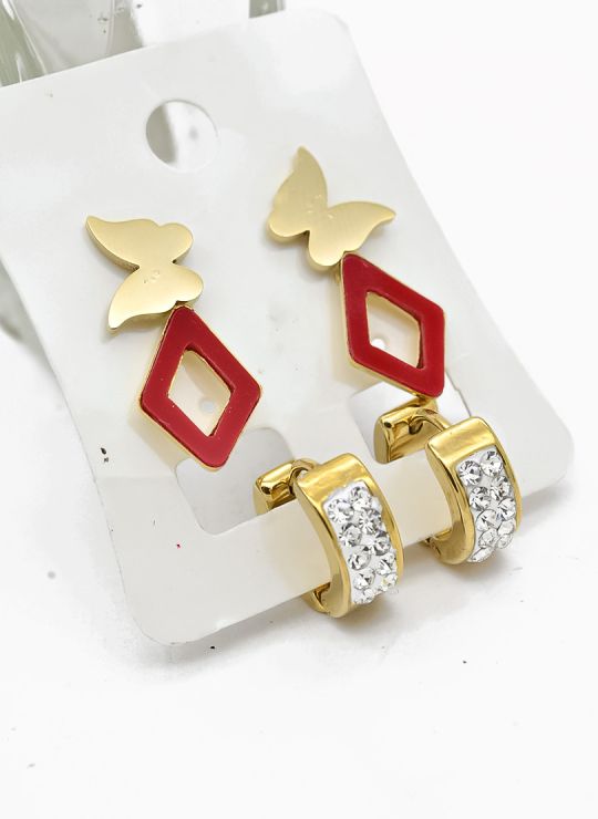 SET DE ARETES X 3 CRISTALES SURTIDO/ACERO INOXIDABLE
