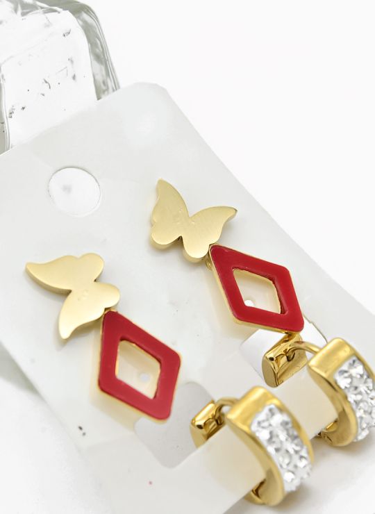 SET DE ARETES X 3 CRISTALES SURTIDO/ACERO INOXIDABLE