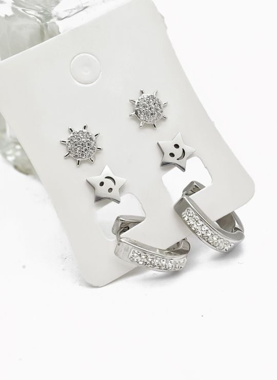 SET DE ARETES X 3 CRISTALES SURTIDO/ACERO INOXIDABLE