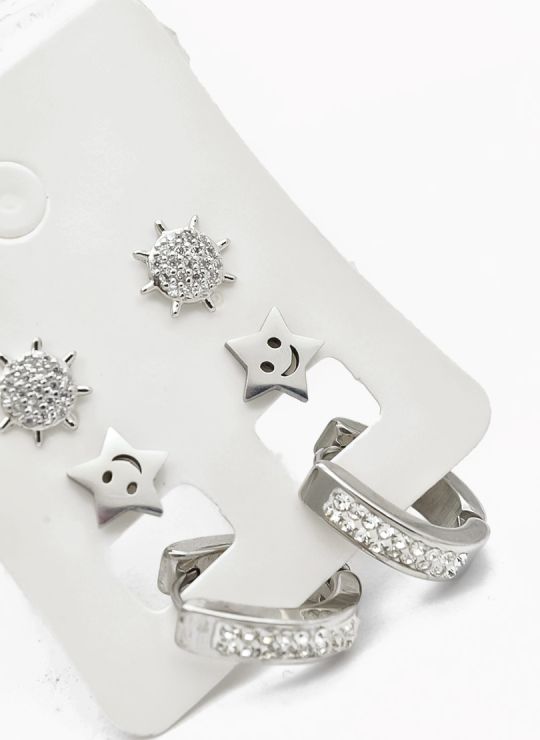 SET DE ARETES X 3 CRISTALES SURTIDO/ACERO INOXIDABLE