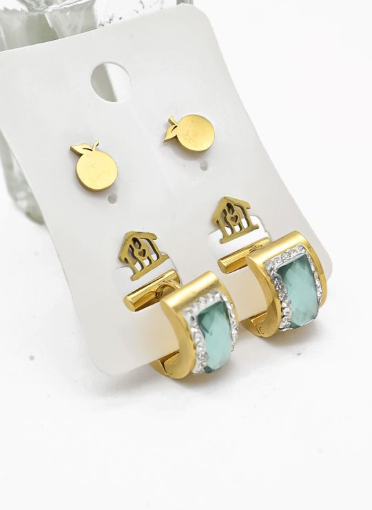 SET DE ARETES X 3 CRISTALES SURTIDO/ACERO INOXIDABLE