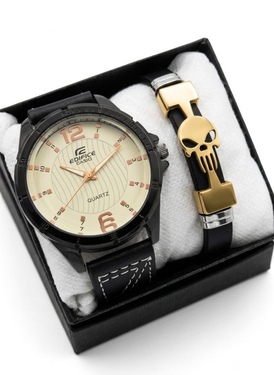 SET DE RELOJ CUERO/METALICO CON PULSERA EN ACERO EN ACERO Y ESTUCHE DE LUJO