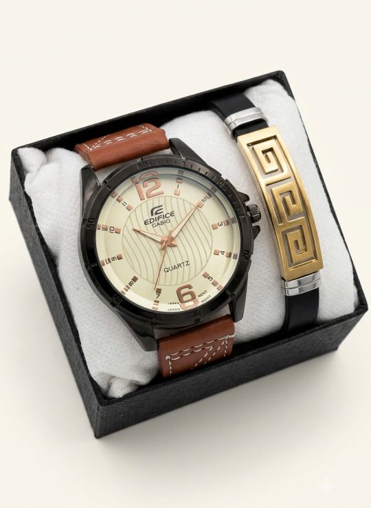 SET DE RELOJ CUERO/METALICO CON PULSERA EN ACERO EN ACERO Y ESTUCHE DE LUJO