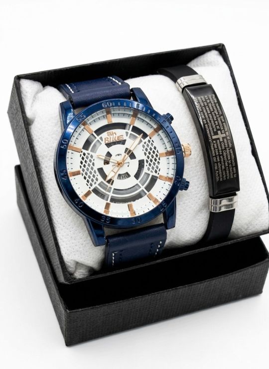 SET DE RELOJ CUERO/METALICO CON PULSERA EN ACERO EN ACERO Y ESTUCHE DE LUJO