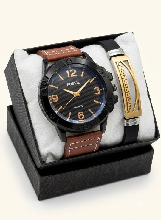 SET DE RELOJ CUERO/METALICO CON PULSERA EN ACERO EN ACERO Y ESTUCHE DE LUJO