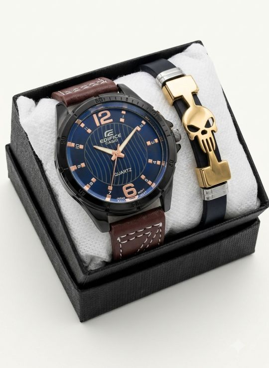 SET DE RELOJ CUERO/METALICO CON PULSERA EN ACERO EN ACERO Y ESTUCHE DE LUJO