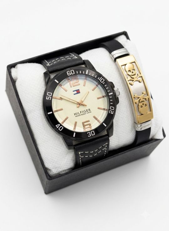SET DE RELOJ CUERO/METALICO CON PULSERA EN ACERO EN ACERO Y ESTUCHE DE LUJO