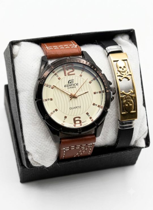 SET DE RELOJ CUERO/METALICO CON PULSERA EN ACERO EN ACERO Y ESTUCHE DE LUJO