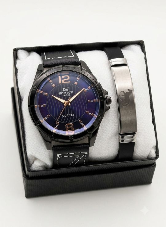 SET DE RELOJ CUERO/METALICO CON PULSERA EN ACERO EN ACERO Y ESTUCHE DE LUJO