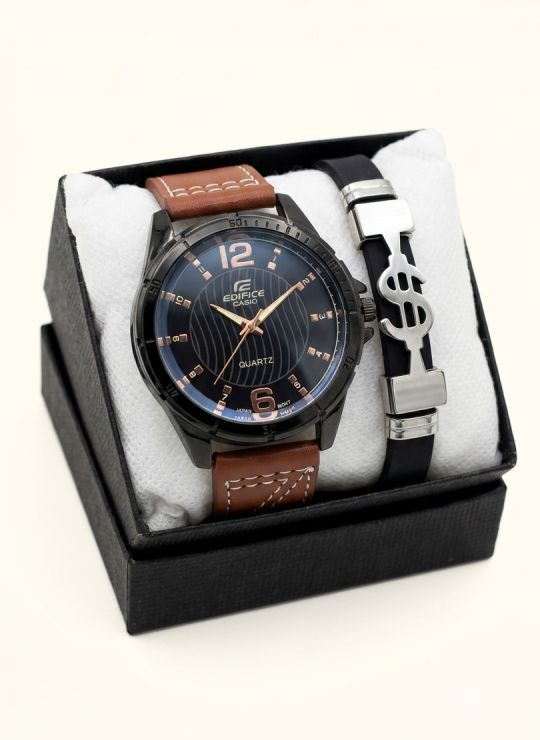 SET DE RELOJ CUERO/METALICO CON PULSERA EN ACERO EN ACERO Y ESTUCHE DE LUJO