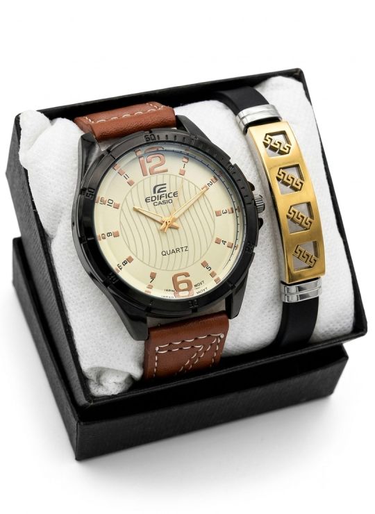 SET DE RELOJ CUERO/METALICO CON PULSERA EN ACERO EN ACERO Y ESTUCHE DE LUJO