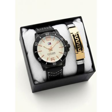 SET DE RELOJ CUERO/METALICO CON PULSERA EN ACERO EN ACERO Y ESTUCHE DE LUJO