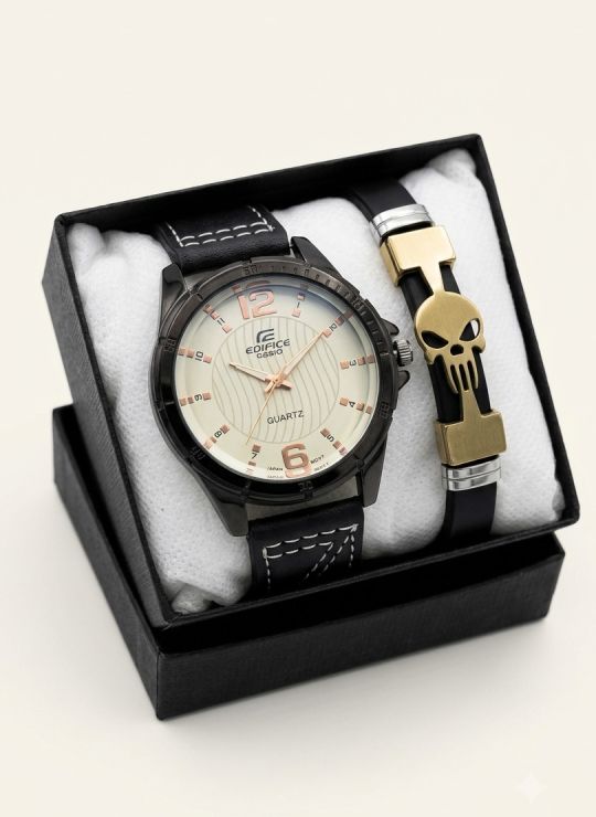 SET DE RELOJ CUERO/METALICO CON PULSERA EN ACERO EN ACERO Y ESTUCHE DE LUJO