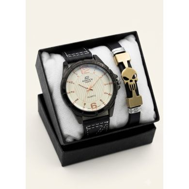 SET DE RELOJ CUERO/METALICO CON PULSERA EN ACERO EN ACERO Y ESTUCHE DE LUJO