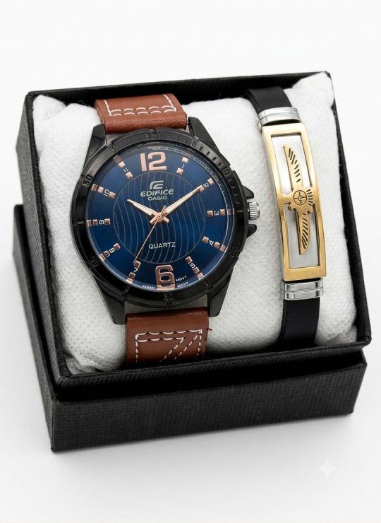 SET DE RELOJ CUERO/METALICO CON PULSERA EN ACERO EN ACERO Y ESTUCHE DE LUJO