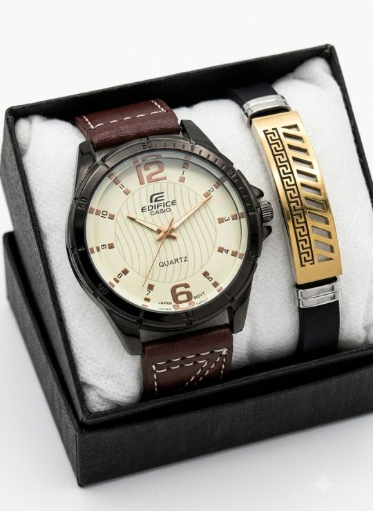 SET DE RELOJ CUERO/METALICO CON PULSERA EN ACERO EN ACERO Y ESTUCHE DE LUJO