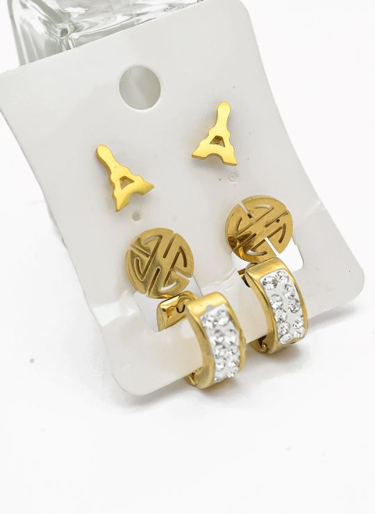 SET DE ARETES X 3 CRISTALES SURTIDO/ACERO INOXIDABLE