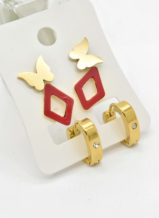 SET DE ARETES X 3 CRISTALES SURTIDO/ACERO INOXIDABLE