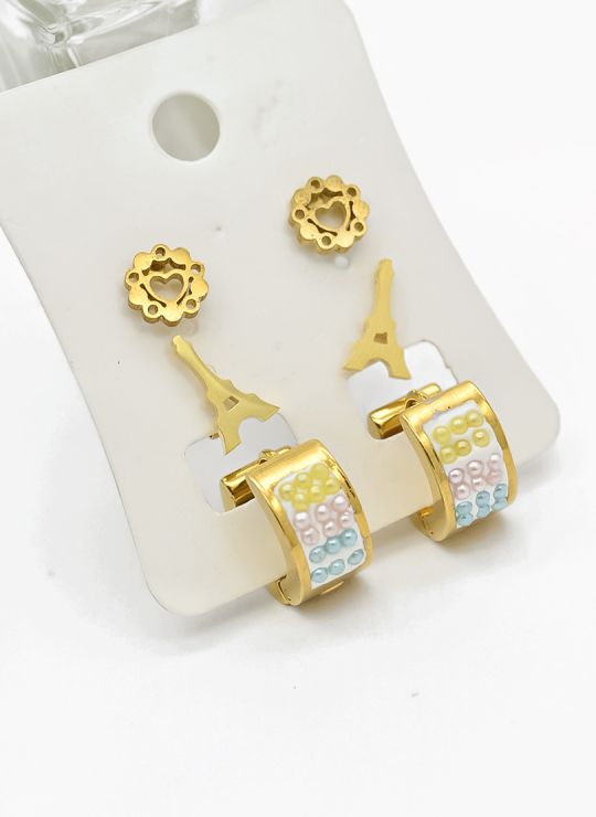 SET DE ARETES X 3 CRISTALES SURTIDO/ACERO INOXIDABLE