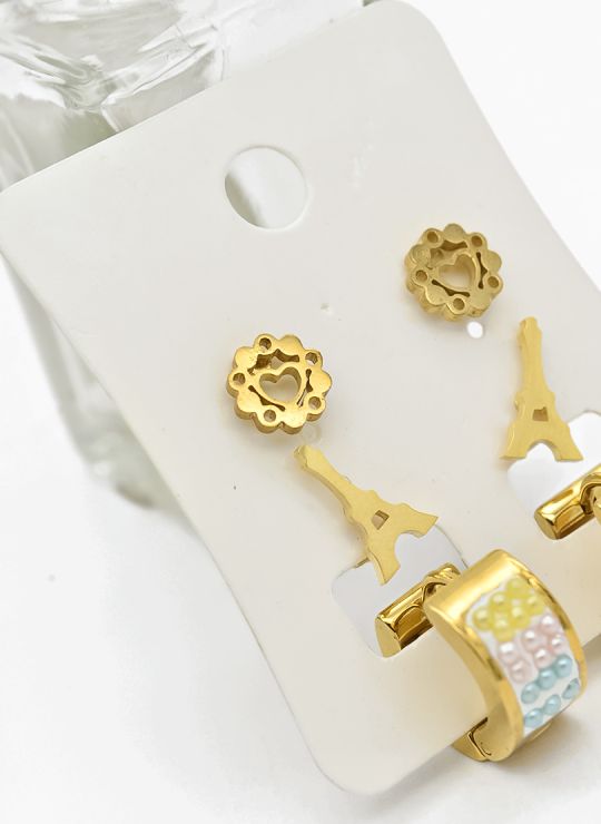 SET DE ARETES X 3 CRISTALES SURTIDO/ACERO INOXIDABLE
