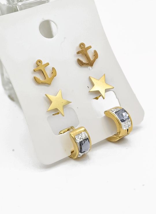 SET DE ARETES X 3 CRISTALES SURTIDO/ACERO INOXIDABLE