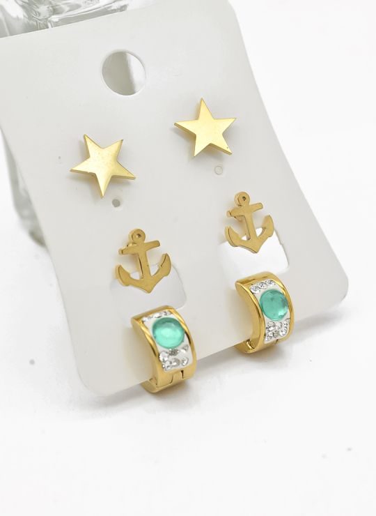 SET DE ARETES X 3 CRISTALES SURTIDO/ACERO INOXIDABLE