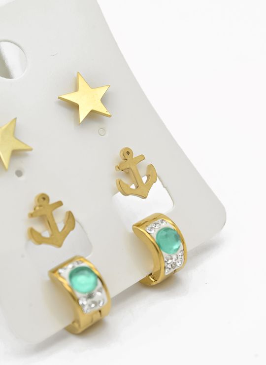 SET DE ARETES X 3 CRISTALES SURTIDO/ACERO INOXIDABLE