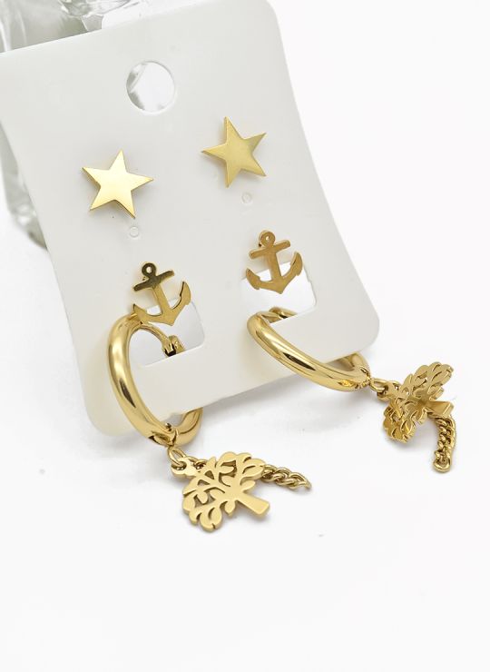 SET DE ARETES X 3 CRISTALES SURTIDO/ACERO INOXIDABLE
