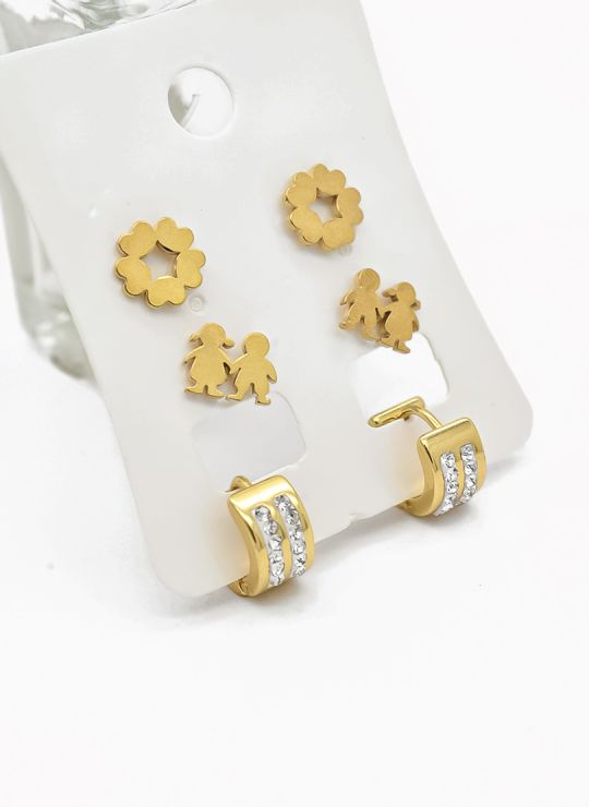SET DE ARETES X 3 CRISTALES SURTIDO/ACERO INOXIDABLE