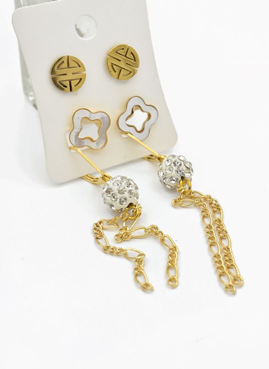 SET DE ARETES X 3 CRISTALES SURTIDO/ACERO INOXIDABLE