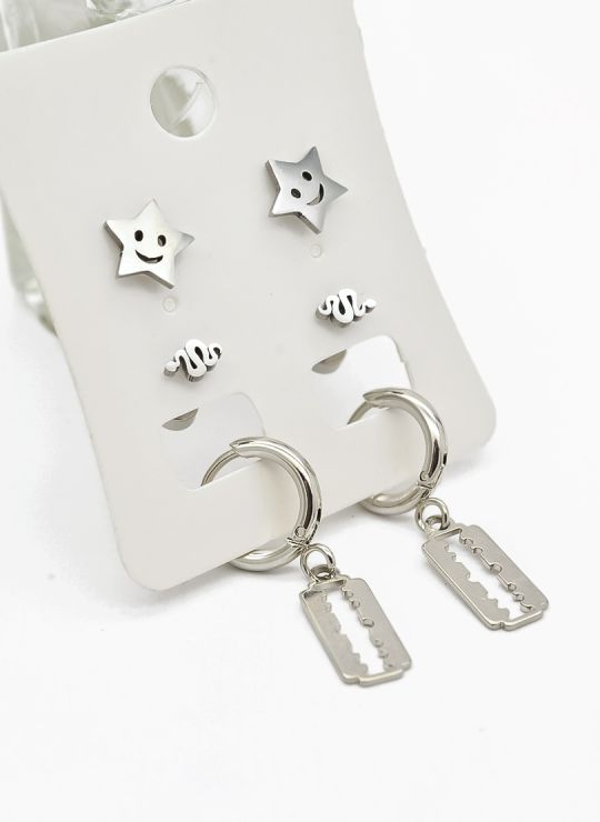 SET DE ARETES X 3 CRISTALES SURTIDO/ACERO INOXIDABLE