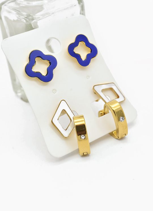 SET DE ARETES X 3 CRISTALES SURTIDO/ACERO INOXIDABLE
