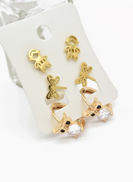 SET DE ARETES X 3 CRISTALES SURTIDO/ACERO INOXIDABLE