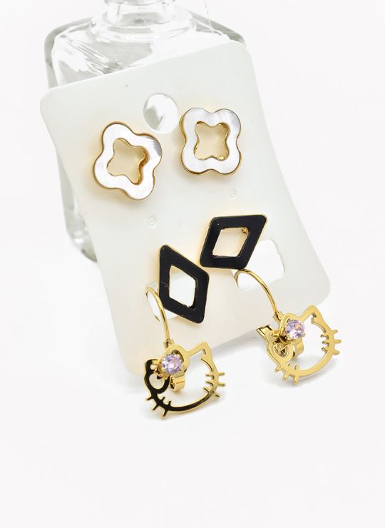 SET DE ARETES X 3 CRISTALES SURTIDO/ACERO INOXIDABLE
