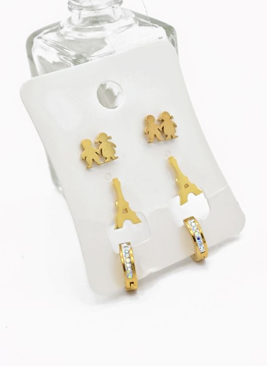 SET DE ARETES X 3 CRISTALES SURTIDO/ACERO INOXIDABLE