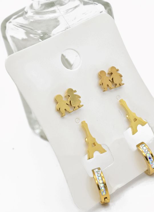 SET DE ARETES X 3 CRISTALES SURTIDO/ACERO INOXIDABLE