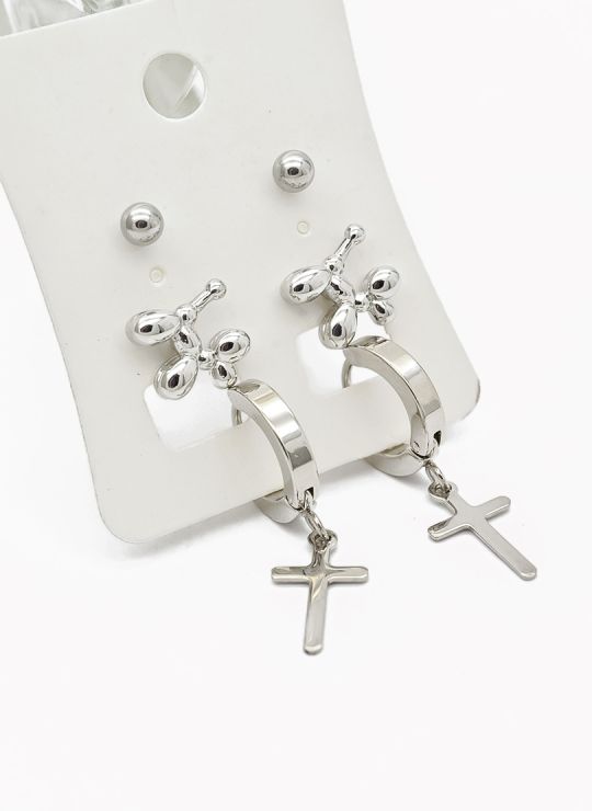 SET DE ARETES X 3 CRISTALES SURTIDO/ACERO INOXIDABLE