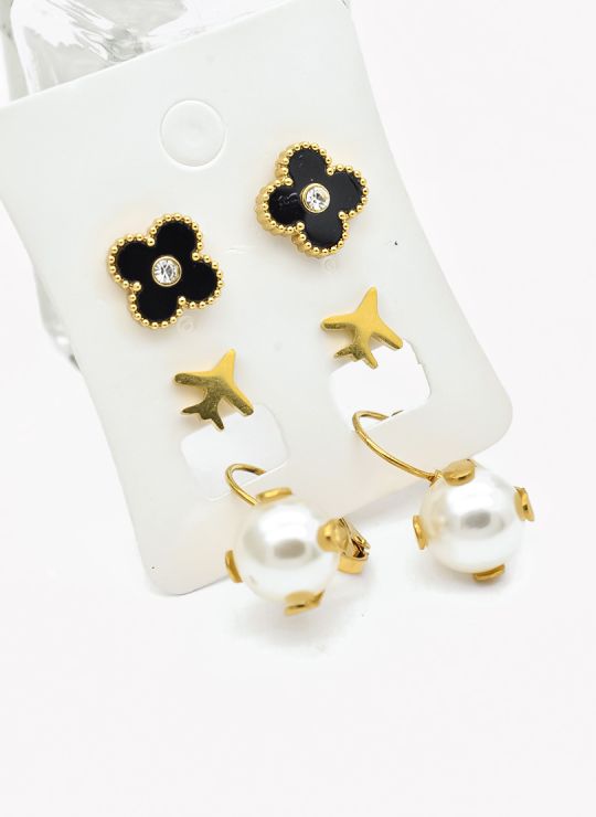 SET DE ARETES X 3 CRISTALES SURTIDO/ACERO INOXIDABLE